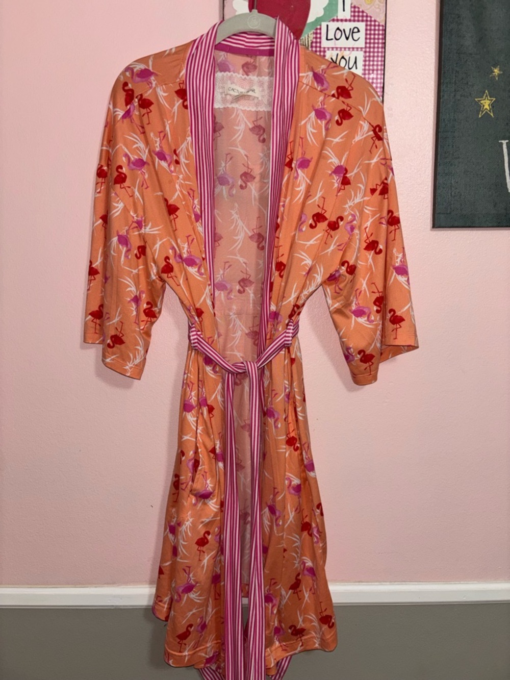 Flamingo Print Pajama Set with Robe in Peach with Pink Trim